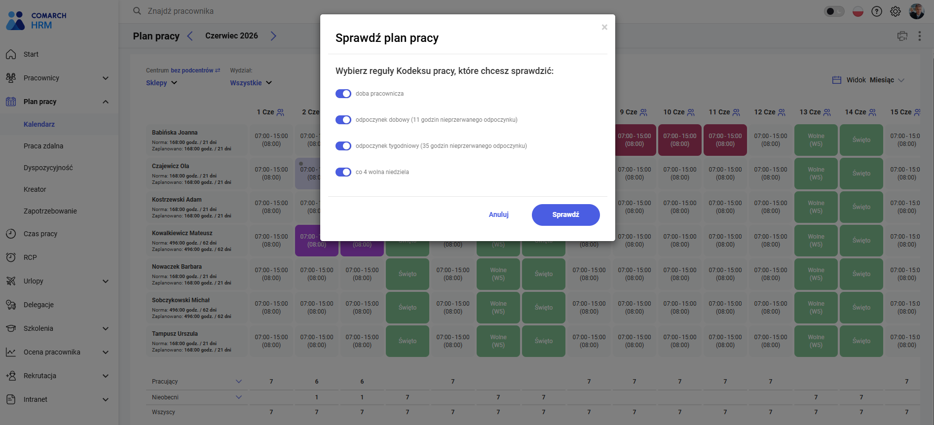 aplikacja pracownicza, zarządzanie personelem - Plan i czas pracy zrzut ekranu