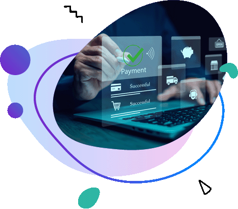 Interfejs cyfrowy wyświetlający potwierdzenie pomyślnej płatności z&nbsp;ikonami usług finansowych.