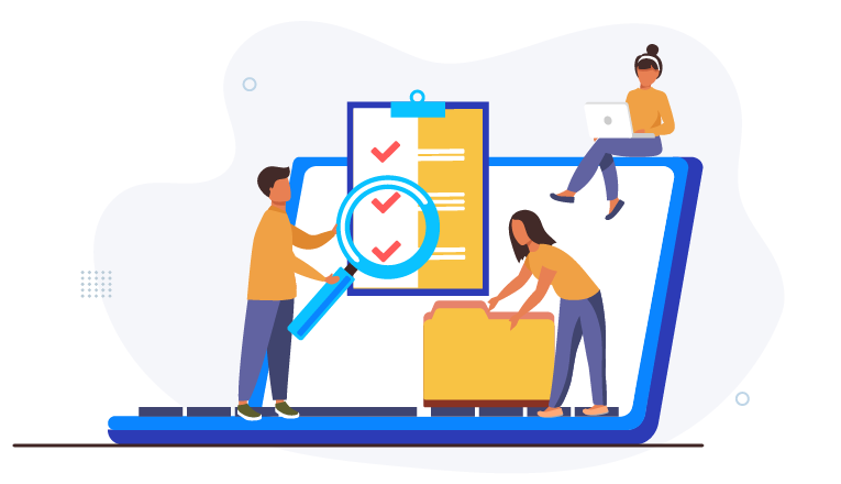 Zespół specjalistów współpracujący przy procesie obsługi roszczeń na&nbsp;dużym laptopie z&nbsp;folderem i&nbsp;listą zadań.