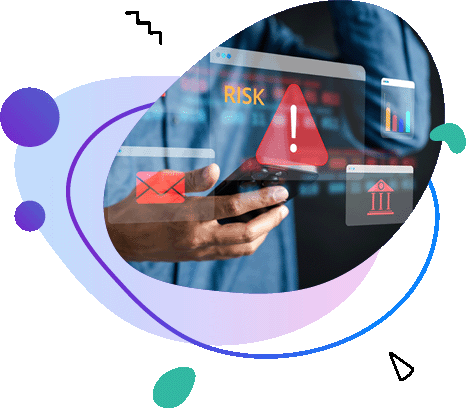 łoń trzymająca smartfon z&nbsp;wyświetlonym napisem RISK i&nbsp;czerwonym symbolem ostrzegawczym.