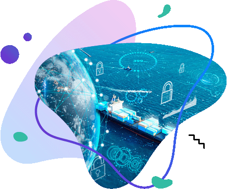 Statek towarowy na&nbsp;morzu z&nbsp;nałożonymi ikonami kłódek i&nbsp;punktów danych, symbolizujący bezpieczną logistykę.