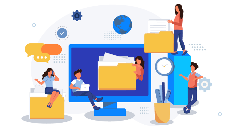 Ilustracja zespołu zarządzającego dokumentacją i&nbsp;danymi wokół monitora z&nbsp;ikonami globu, czasu i&nbsp;kół zębatych.