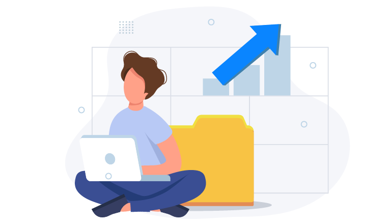 Osoba pracująca na&nbsp;laptopie obok dużego folderu, z&nbsp;rosnącym wykresem słupkowym w&nbsp;tle symbolizującym efektywność.