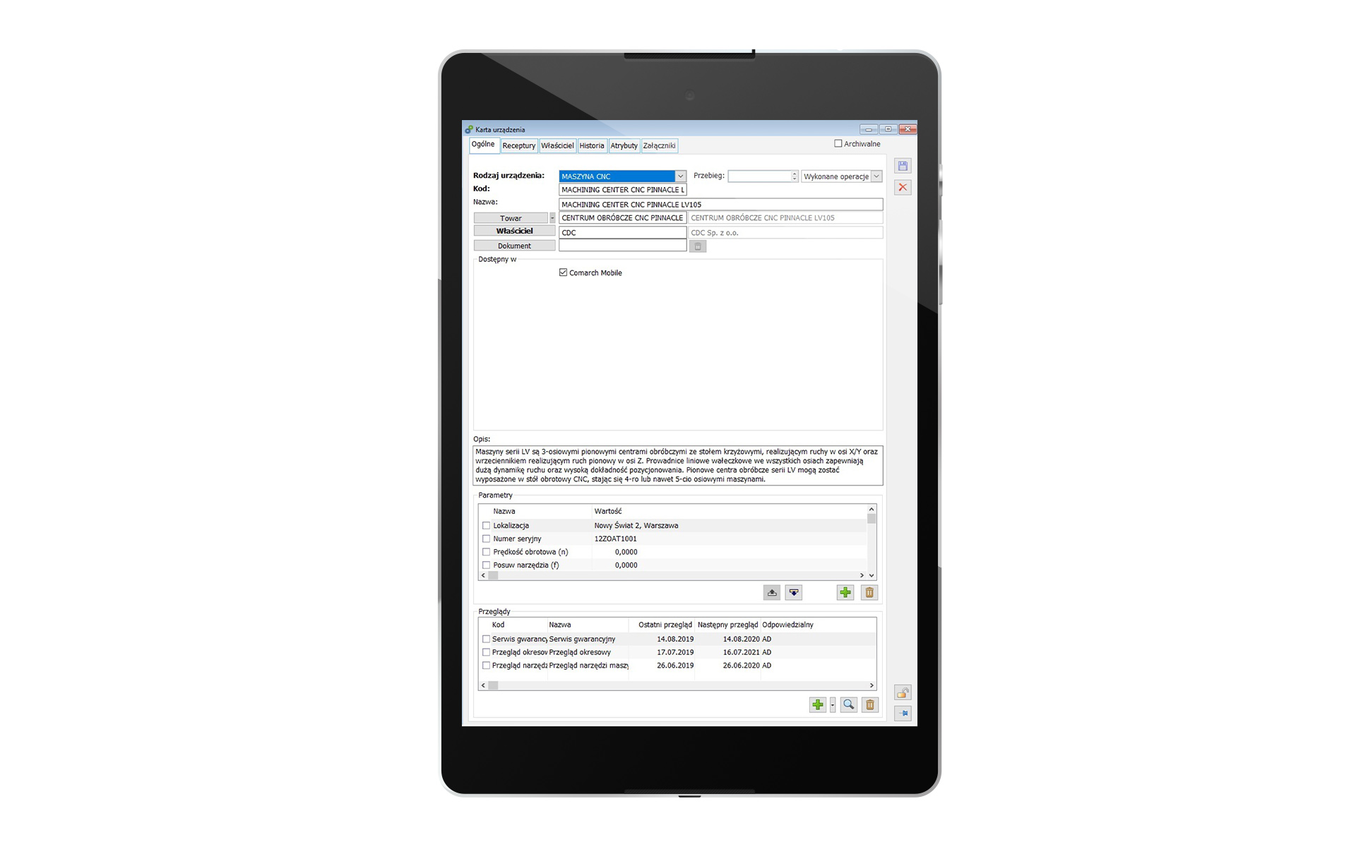 Tablet z programem Comarch Serwis - aplikacja remonty