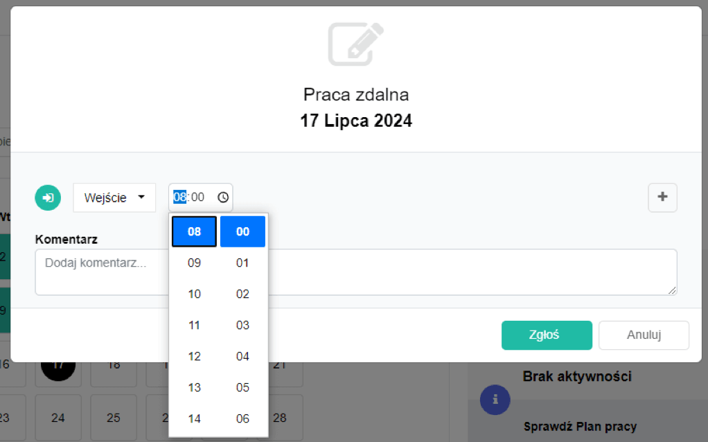 Proces zgłaszania pracy zdalnej w aplikacji webowej