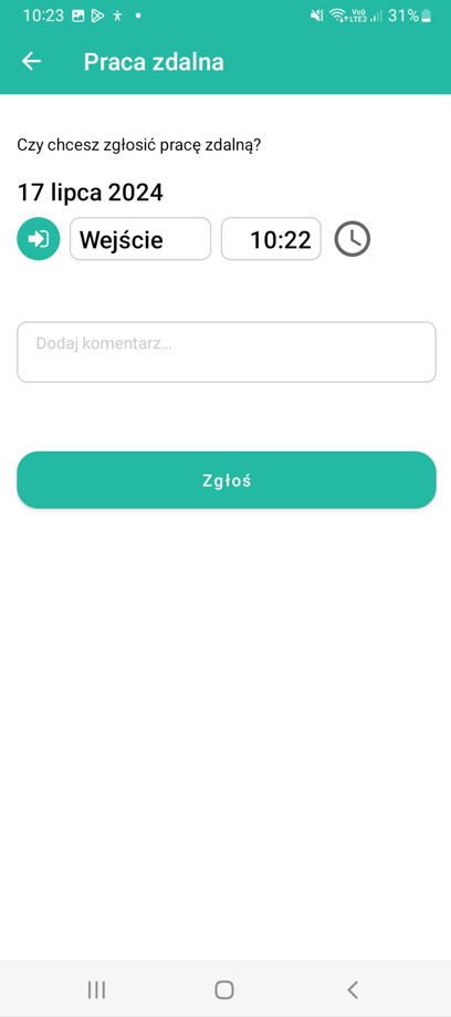 Proces zgłaszania pracy zdalnej w aplikacji mobilnej 