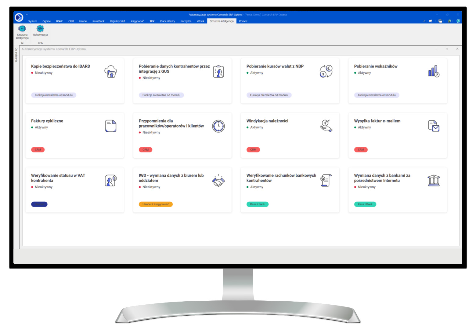 Zrzut ekranu przedstawiający system Comarch ERP Optima w oparciu o rozwiązania sztucznej inteligencji i robotyzacji procesów 