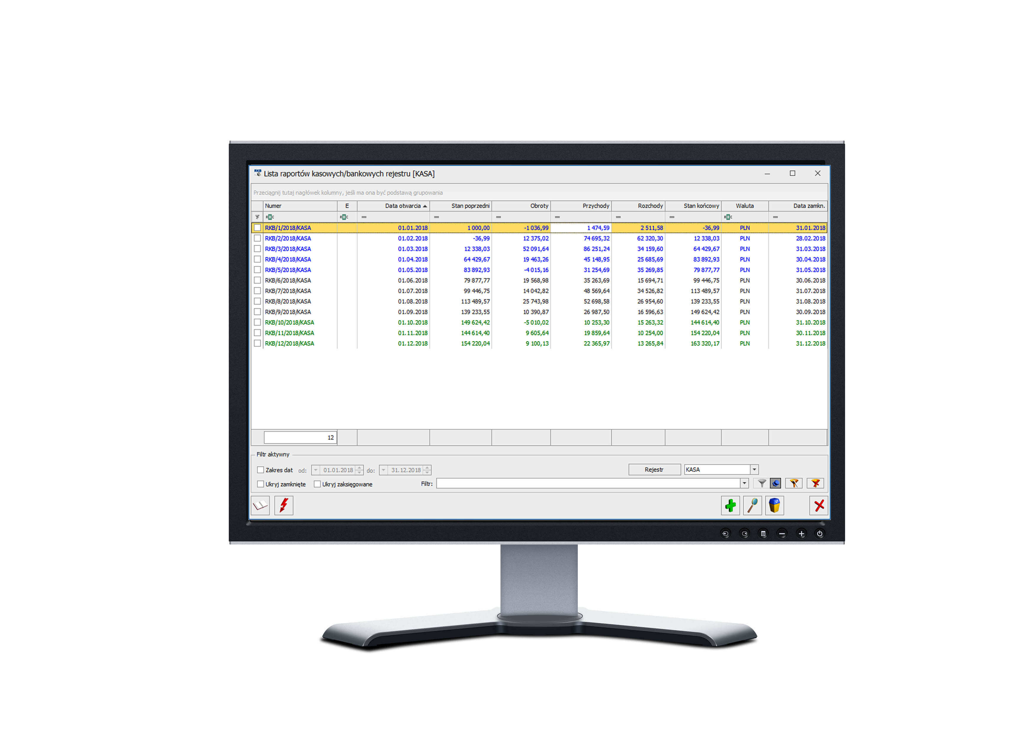 Raporty kasowo bankowe w module Kasa Bank w Comarch ERP Optima – widok interfejsu programu