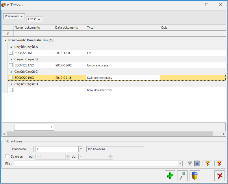 e - teczka w module kadry place systemu erp Comarch ERP Optima - screen - widok interfejsu