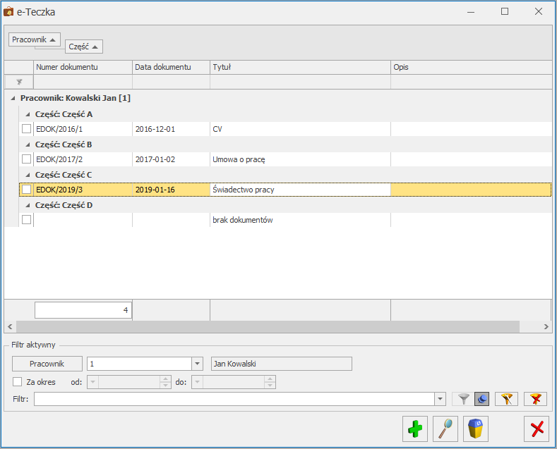 e - teczka w module kadry place systemu erp Comarch ERP Optima - screen - widok interfejsu