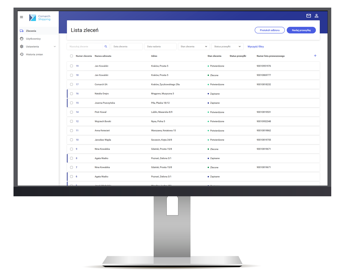 comarch shipping - lista zleceń na monitorze