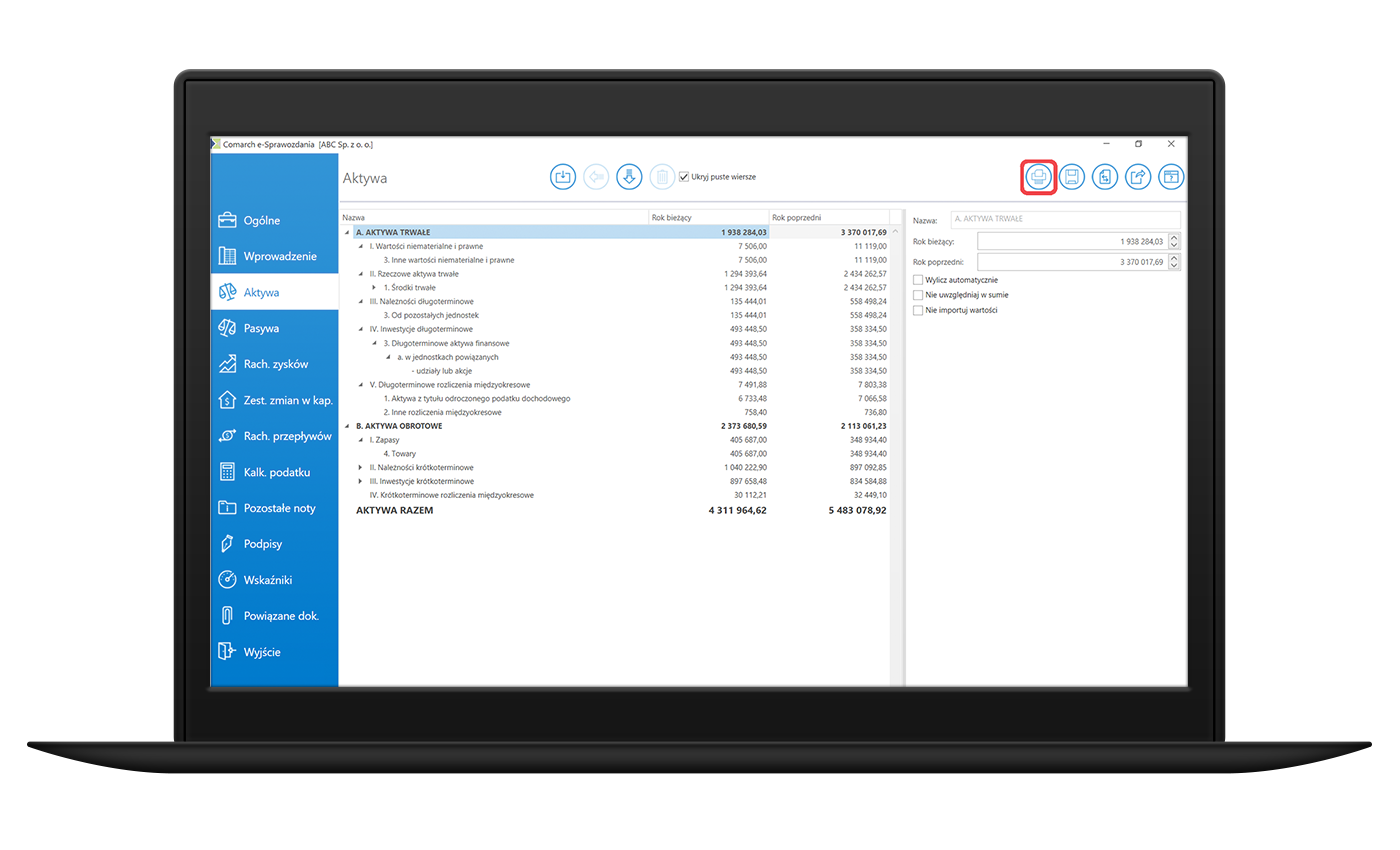 Wydruk rachunku zysków i strat z aplikacji comarch e-Sprawozdania jest prosty. Widok zakładki/funkcji aktywa w aplikacji do e-sprawozdań finansowych: Comarch e-sprawozdania 