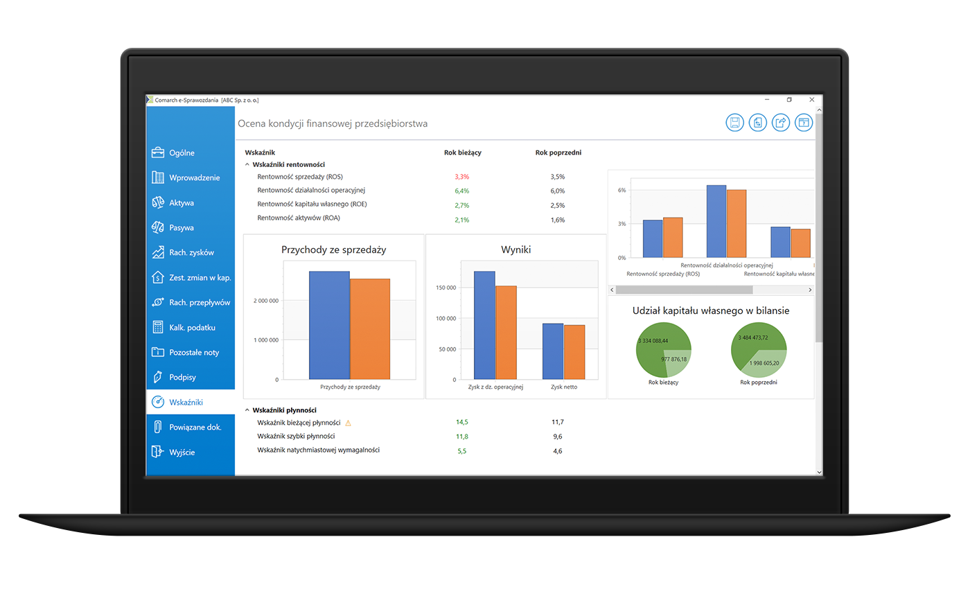 W aplikacji do e-sprawoizdanm finansowym można również dokonać analizy finansowej całej firmy. Widok zakładki/funkcji ocena kondycji finansowej przedsiębiorstwa w aplikacji do e-sprawozdań finansowych: Comarch e-sprawozdania 