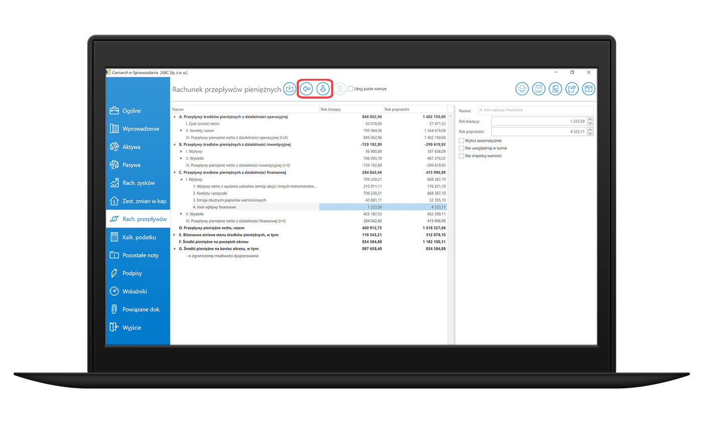 Rachunek przepływów i inne zestawienia tabelaryczne w programia Comarch e-sprawozdania finansowe.Widok zakładki/funkcji rachunek przepływów pieniężnych w aplikacji do e-sprawozdań finansowych: Comarch e-sprawozdania