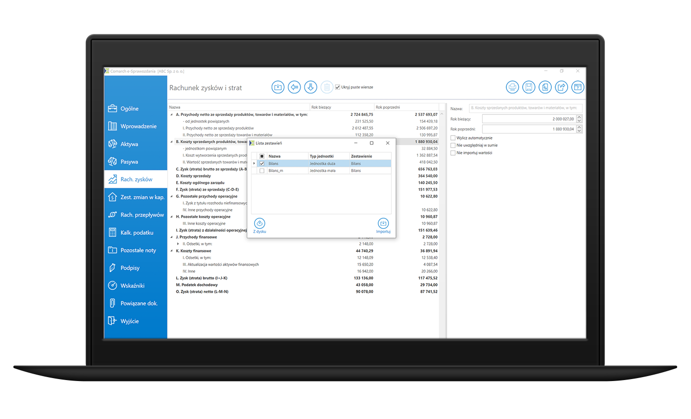 Importowanie zestawień księgowych z systemów erp do sprawozdania finansowego. Widok zakładki/funkcji rachunek zysków i strat w aplikacji do e-sprawozdań finansowych: Comarch e-sprawozdania 