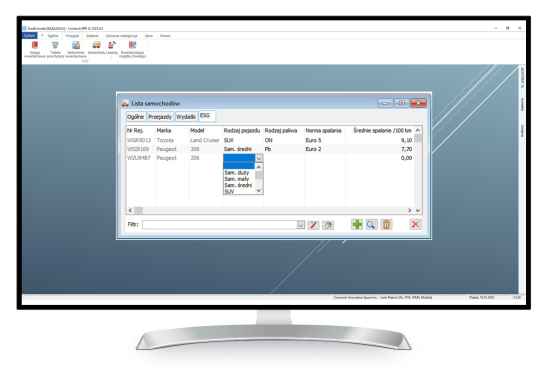 Ewidencja danych ESG, na liście samochodów, w systemie Comarch ERP XL