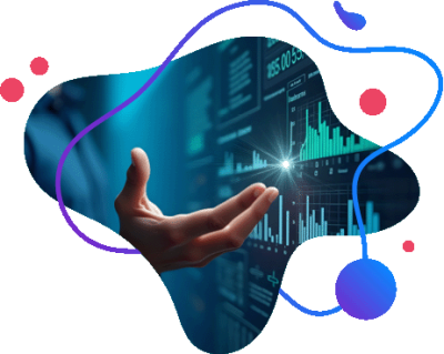 Dłoń sięgająca w&nbsp;stronę cyfrowego interfejsu z&nbsp;wykresami giełdowymi i&nbsp;punktami danych.