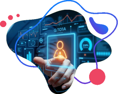 Dłoń dotykająca ekranu z&nbsp;ikoną profilu użytkownika i&nbsp;wykresami analitycznymi.