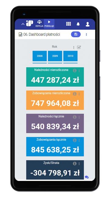 raporty bi optima comarch - zrzut ekranu programu na telefonie komórkowym