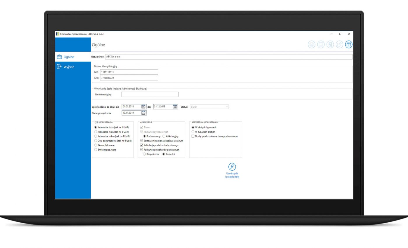 Dodaj dane spółki i wybierz typ sprawozdania finansowego w aplikacji do e sprawozdań finansowych.Widok zakładki/funkcji ogólne w aplikacji do e-sprawozdań finansowych: Comarch e-sprawozdania