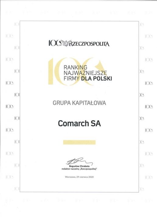Comarch został laureatem rankingu „Najważniejsze firmy dla Polski” w kategorii Grupa Kapitałowa