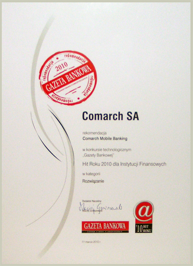 Rekomendacja Gazety Bankowej dla Comarch Mobile Banking